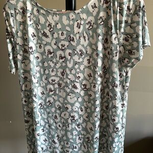 Sew In Love- Pale Blue/Brown Short Sleeve, Crisscross Back, Relaxed Top- Size M